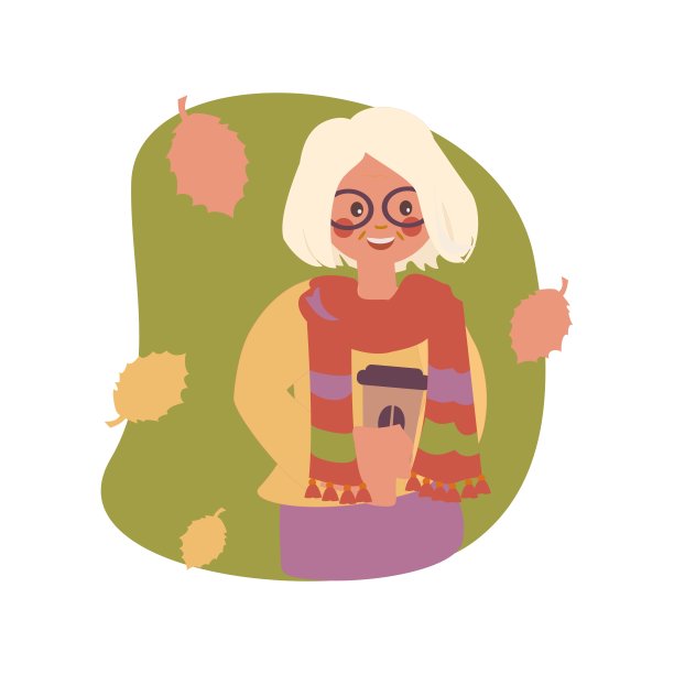 一位老妇人在秋叶的背景下喝咖啡。矢量插图。图片下载