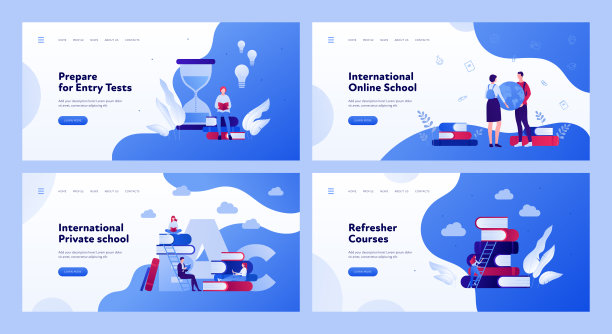 在线教育横幅模板。矢量平面插图集。水平布局的集合。学生，书，梯子和沙漏符号。为商业培训和大学课程设计图片下载