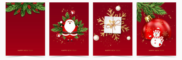 套圣诞贺卡与圣诞树，圣诞老人，雪人，雪花，礼品盒和球。图片下载