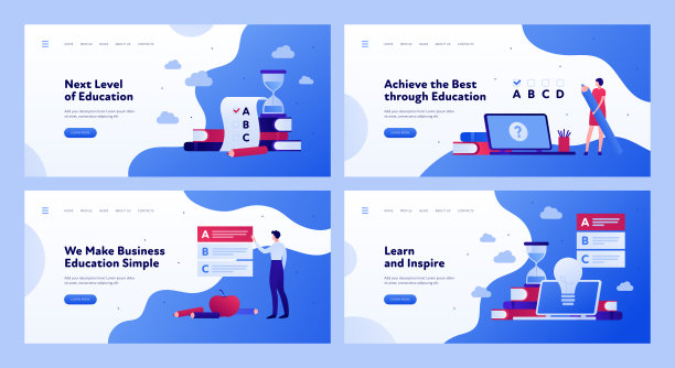 在线教育横幅模板。矢量平面插图集。水平布局的集合。笔记本，考试，书本和学生符号。为商业培训和大学课程设计图片下载