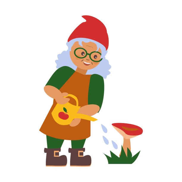 可爱的小地精从喷壶里给蘑菇浇水。在白色背景上孤立的字符。图片下载