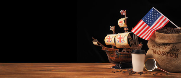 波士顿倾茶事件是英国拒绝茶的象征。在美国分销咖啡。美国国旗图片下载