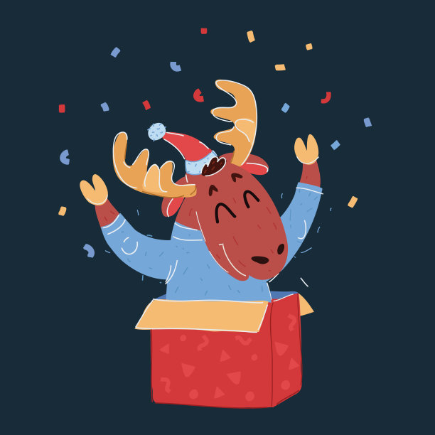 圣诞快乐矢量插画：麋鹿在盒子中图片下载