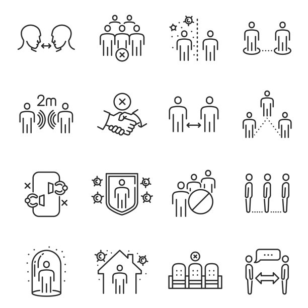社交距离线图标集矢量插图单色线性标志自我隔离呆在家里图片下载