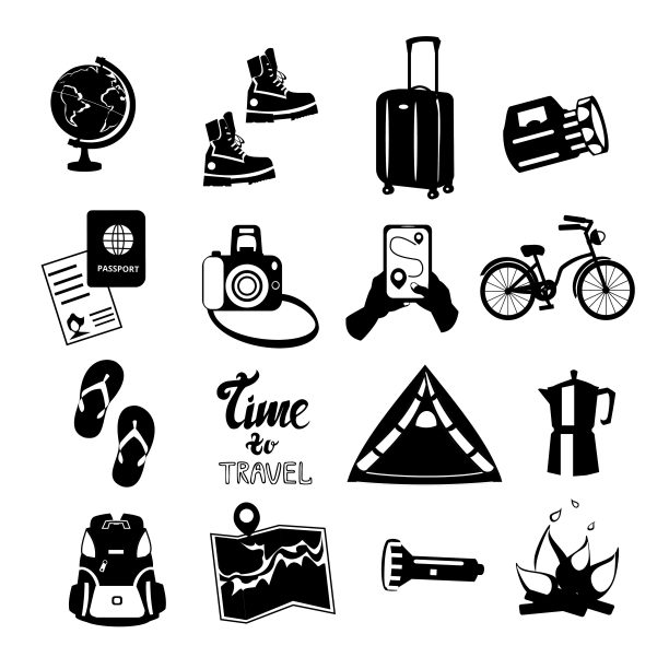 在白色背景地图，领航员，人字拖，运动鞋，自行车，文件，手提箱，globus，照相机，帐篷，手电筒，运动鞋简单的矢量插图图片下载