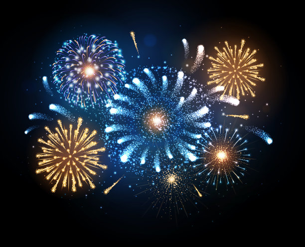 34、矢假日喜庆蓝金烟花。独立日，圣诞节，新年派对图片下载