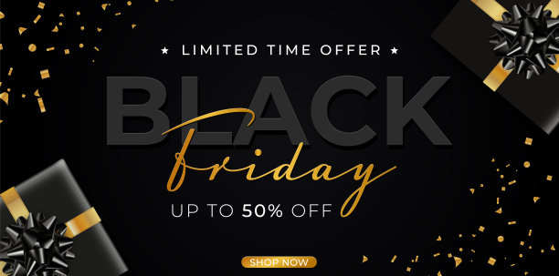 黑色星期五销售。逼真的黑色礼品盒。深色背景金色文字刻字。水平横幅，海报，标题网站。矢量图图片下载