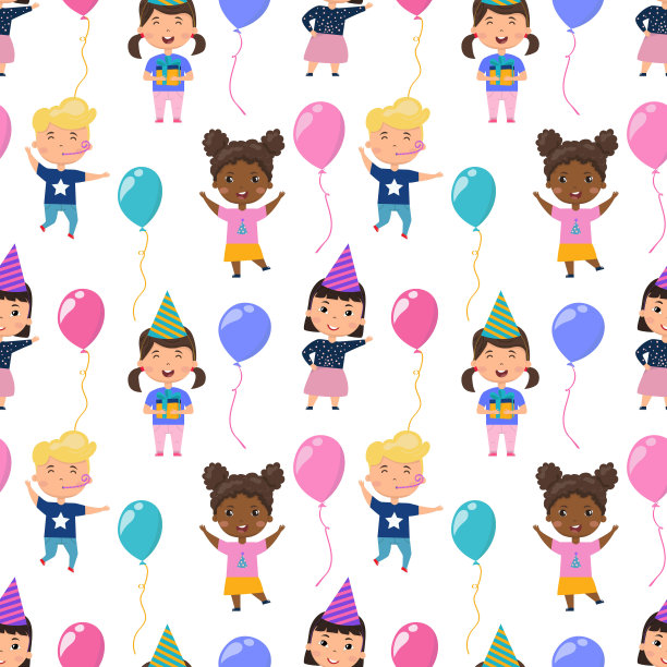 和孩子们无缝的生日模式。男孩和女孩带着气球图片下载