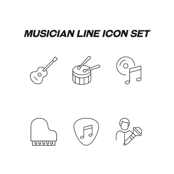 音乐的概念。歌手线图标集。收集矢量符号的吉他，鼓，音符，钢琴，调停者，男歌手图片下载