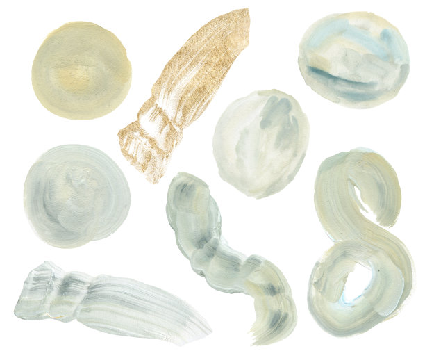 水粉画抽象元素与黄色，灰色，粉红色和蓝色斑点。手绘美丽的插图与污渍孤立在白色的背景。用于设计，印刷，织物或背景。图片下载