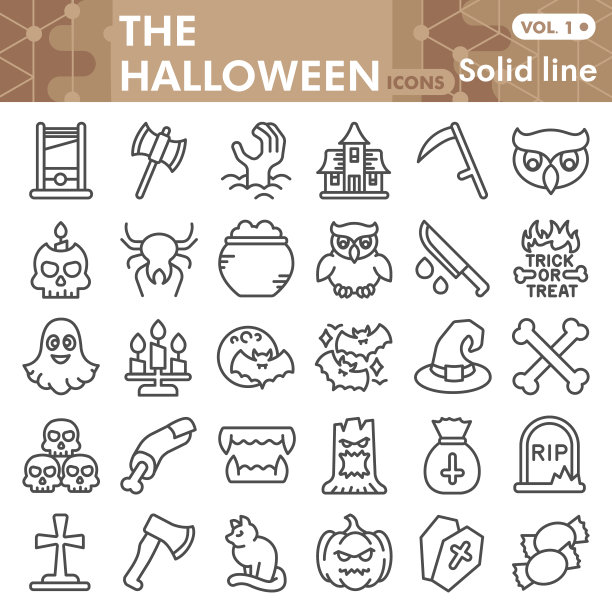 万圣节线图标集，所有万圣节前夜的符号收集或草图。恐怖之夜实线线性风格标志web和应用程序。矢量图形隔离在白色背景。图片下载