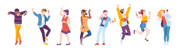 人们戴着耳机。年轻的人物在活泼的姿势，跳舞的男孩和女孩有乐趣，学生听旋律，智能手机音乐和播客应用向量卡通孤立集图片下载