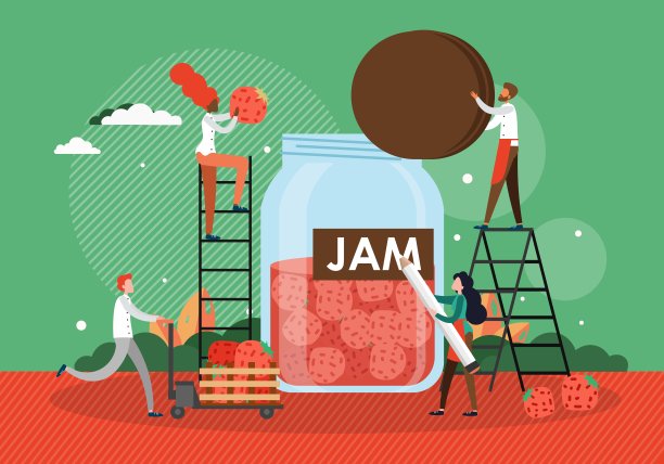 人们制作草莓酱，矢量插图。有机果酱，自制食物，甜点制作。图片下载