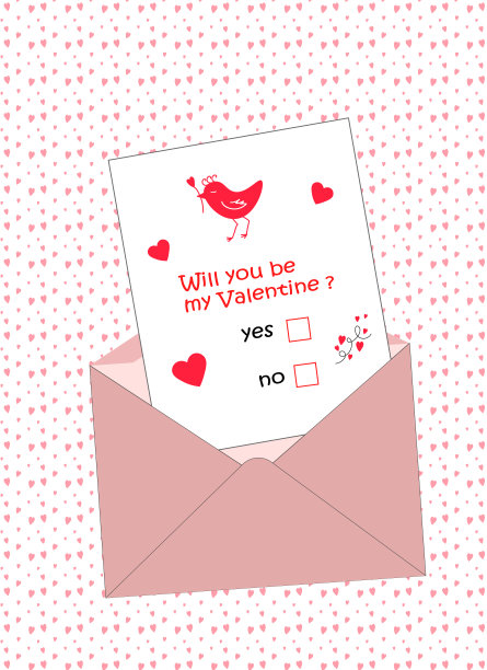 情人节的明信片。信封里有一封信，一只鸟和红心。节日的特点。图片下载