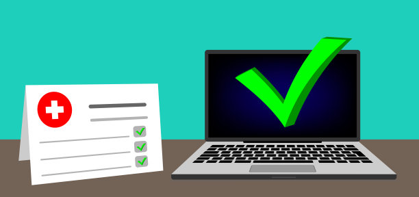 笔记本电脑现代屏幕与检查标记通知和医疗处方，医药文件或在线测试结果报告。PC在线电子检查标记。办公桌子和笔记本电脑窗口。图片下载