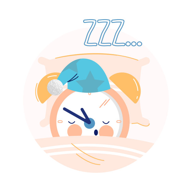 有趣的时钟字符夜帽睡觉和打鼾在床上枕头矢量插图图片下载