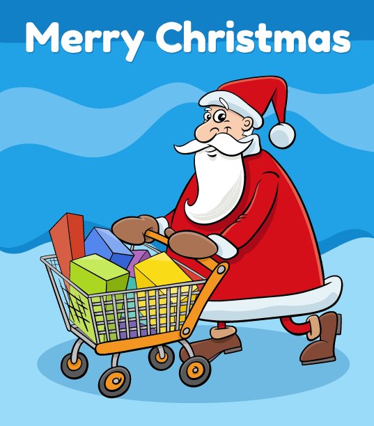 卡通圣诞老人推着装满礼物的购物车图片下载