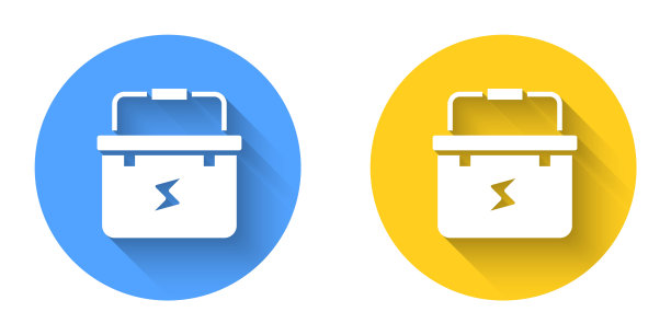 白色工具箱电工图标与长阴影背景隔离。圆按钮。向量图片下载