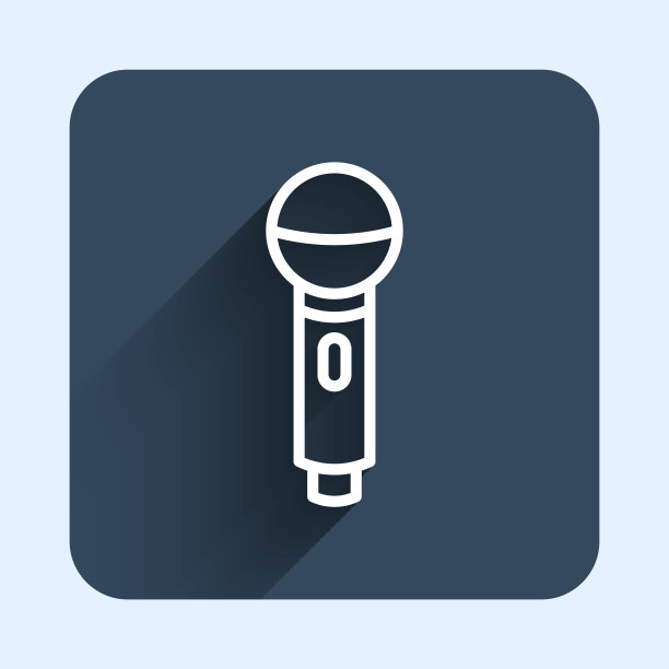 白线麦克风图标与长阴影背景隔离。用空中无线电麦克风。演讲者的迹象。蓝色方块按钮。向量图片下载