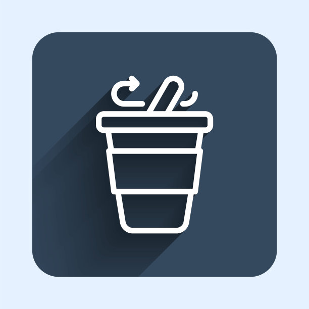 白线咖啡杯去图标孤立与长阴影背景。蓝色方块按钮。向量图片下载