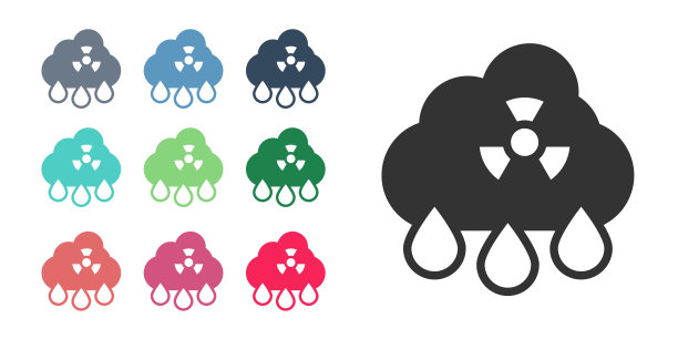 黑色酸雨和放射性云图标孤立在白色的背景。有毒空气污染对环境的影响。设置图标丰富多彩。向量图片下载