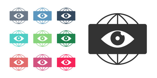黑色大哥电子眼图标隔离在白色背景上。全球监控技术、计算机系统和网络安全。设置图标丰富多彩。向量图片下载