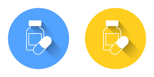 白色安眠药图标孤立与长阴影背景。圆按钮。向量图片下载