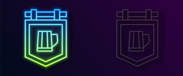 发光的霓虹灯行街道招牌与啤酒图标的玻璃孤立在黑色背景。适用于酒吧、咖啡馆、酒吧、餐厅的广告宣传。向量图片下载