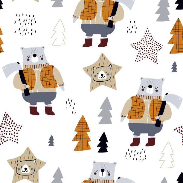 有熊护林人的创意幼稚图案。无缝矢量林地纹理。非常适合面料，墙纸，纺织品。图片下载