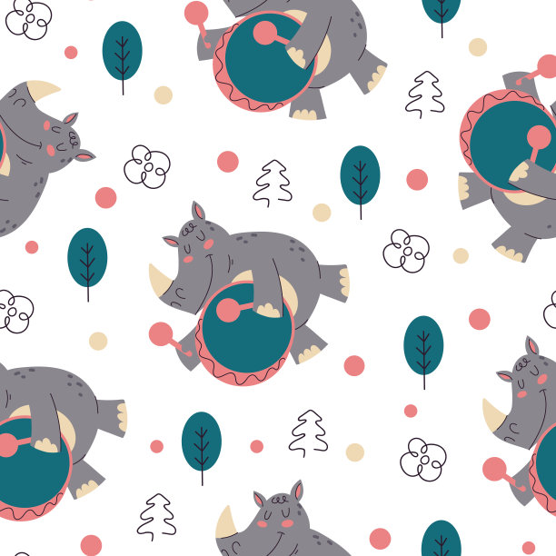 热带丛林森林动物犀牛在鼓上演奏的音乐无缝无边重复着彩虹矢量平面图案图片下载