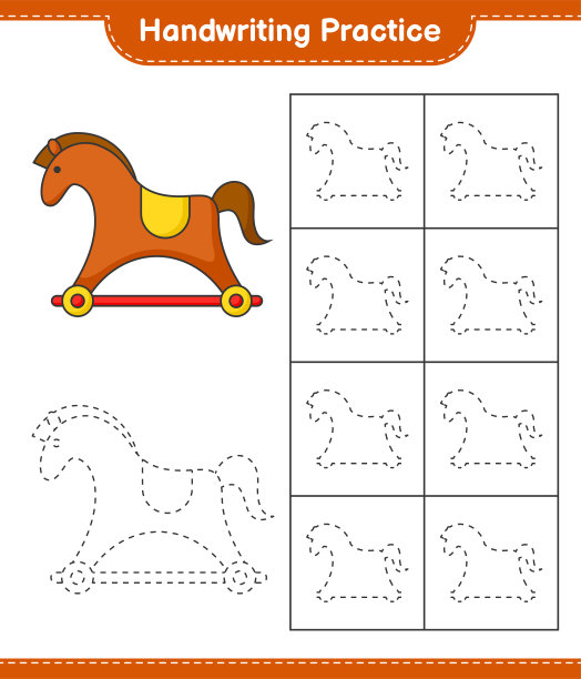 书法练习。追踪木马的线条。教育儿童游戏，可打印的工作表，矢量插图图片下载