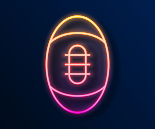 发光的霓虹灯线美式足球图标孤立在黑色背景。橄榄球图标。团队运动游戏的象征。向量图片下载