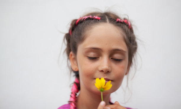 小女孩闻着黄花图片下载