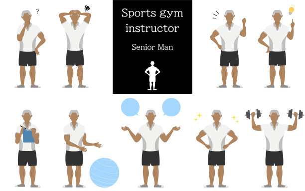 健身教练senia man摆姿势，提问，担心，鼓励，指指点点等。图片下载
