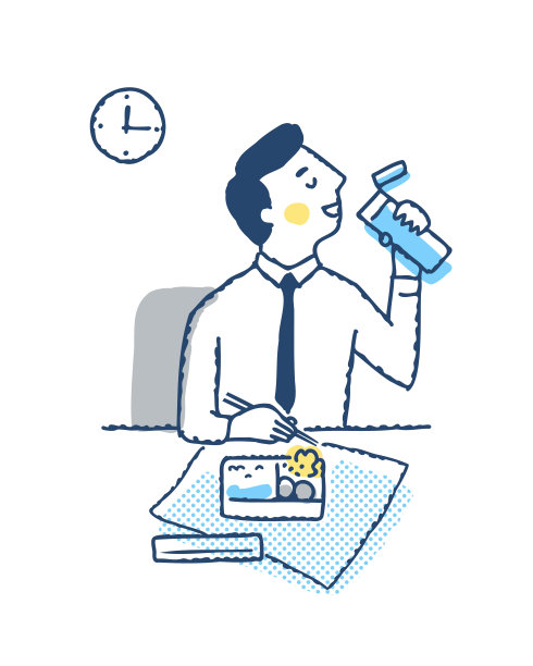 一个商人一边喝我瓶子里的饮料一边吃着午餐盒图片下载