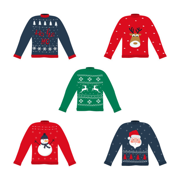 丑陋的圣诞毛衣套装。红色，蓝色和绿色的圣诞毛衣图片下载