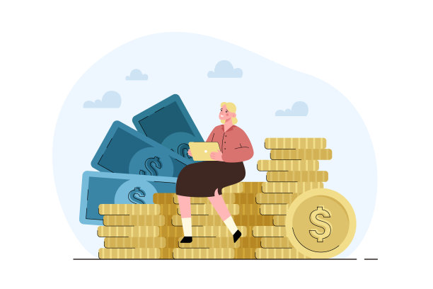 一个拿着笔记本电脑坐在一堆硬币上的自由职业女人图片下载