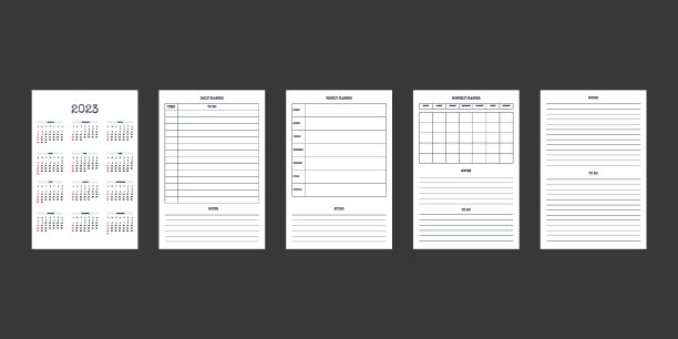 2023日历和每日，每周，每月的个人计划日记模板在经典的严格风格。每月日历，个人时间表，极简限制设计的商务笔记本。星期从星期日开始图片下载