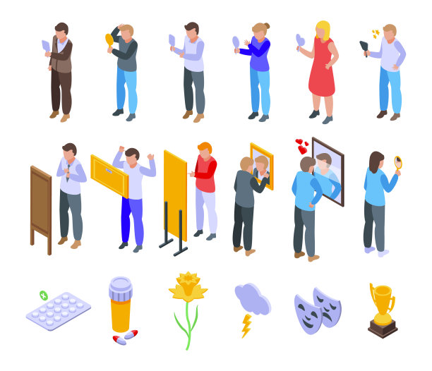 自恋图标设置等距矢量。心理健康图片下载