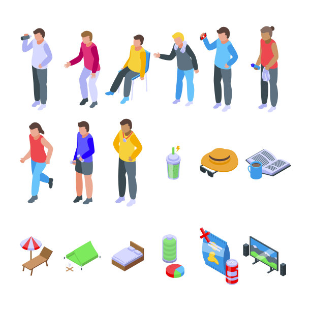 静止的运动员图标设置等距矢量。无聊的休息图片下载