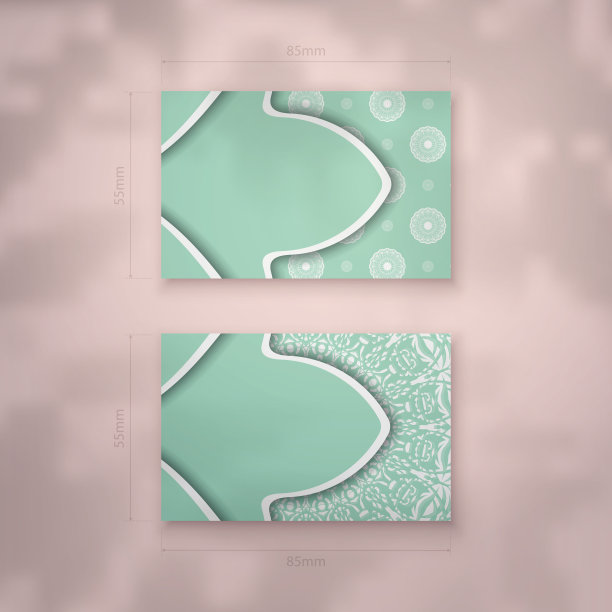 薄荷颜色的名片模板与曼荼罗白色图案为您的接触。图片下载