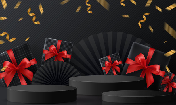 黑色星期五背景礼盒，红色丝带和金色飘浮丝带与工艺风格。图片下载