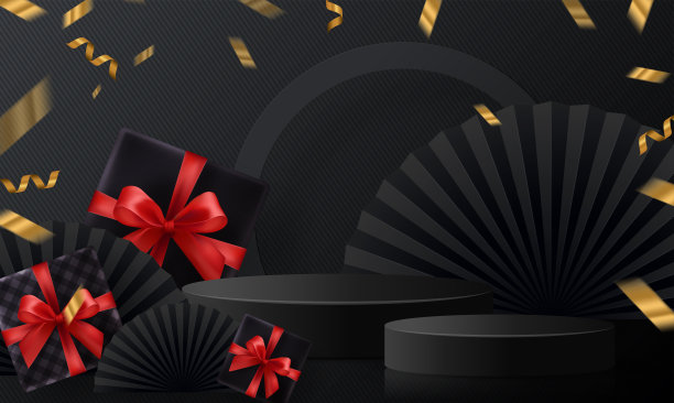 黑色星期五背景礼盒，红色丝带和金色飘浮丝带与工艺风格。图片下载