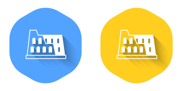 白色竞技场在罗马，意大利的标志孤立与长阴影背景。罗马圆形大剧场的迹象。古罗马的象征，角斗士战斗。圆按钮。向量图片下载