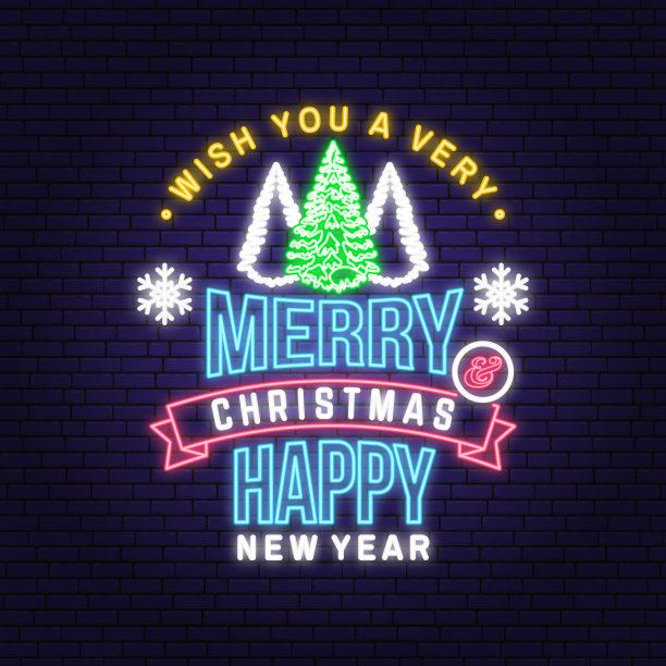 祝你圣诞快乐，新年快乐，霓虹灯招牌与森林景观，圣诞树。矢量插图。复古的字体设计为圣诞节，新年的象征在复古风格。图片下载
