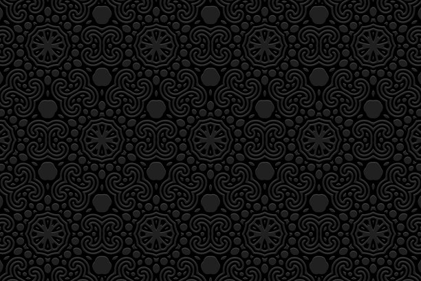 黑色浮雕背景设计，创意横幅与几何体积凸民族3D图案。古老的东方，印度，墨西哥，阿兹特克风格，涂鸦技巧。图片下载