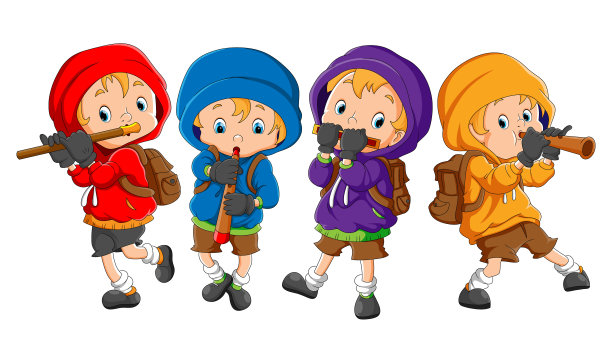 男孩们集合在一起吹奏乐器图片下载