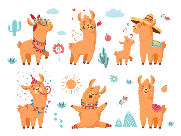 可爱的骆驼。羊驼人物，羊毛卡通动物带花。宝宝喇嘛和妈妈，有趣的生日毛茸茸的野生羊驼，经典的向量收藏图片下载
