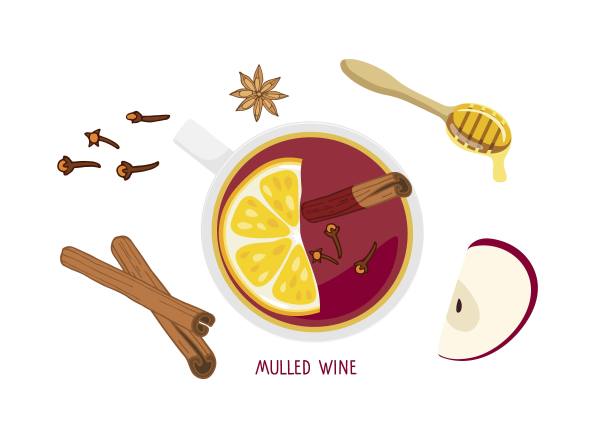 加香料的热葡萄酒。热饮杯，里面有橙子，苹果，肉桂，八角，丁香，蜂蜜。彩色矢量插图在菜单，圣诞卡的白色背景上的平面风格。图片下载