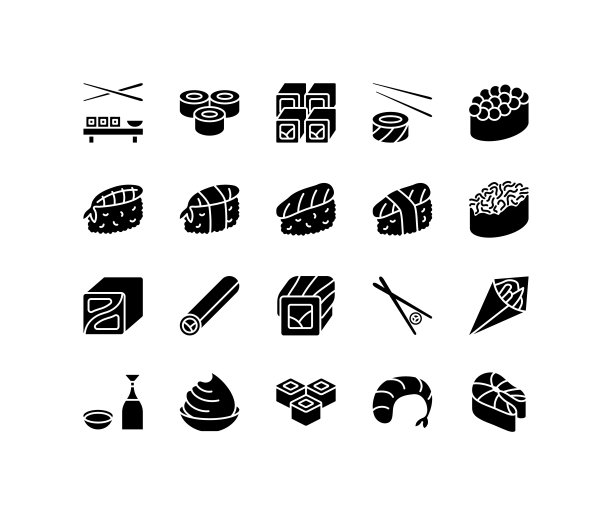 日本食物平线图标设置。包括寿司，生鱼片，寿司卷和更多的图标。简单的平面矢量插图网站或移动应用程序图片下载
